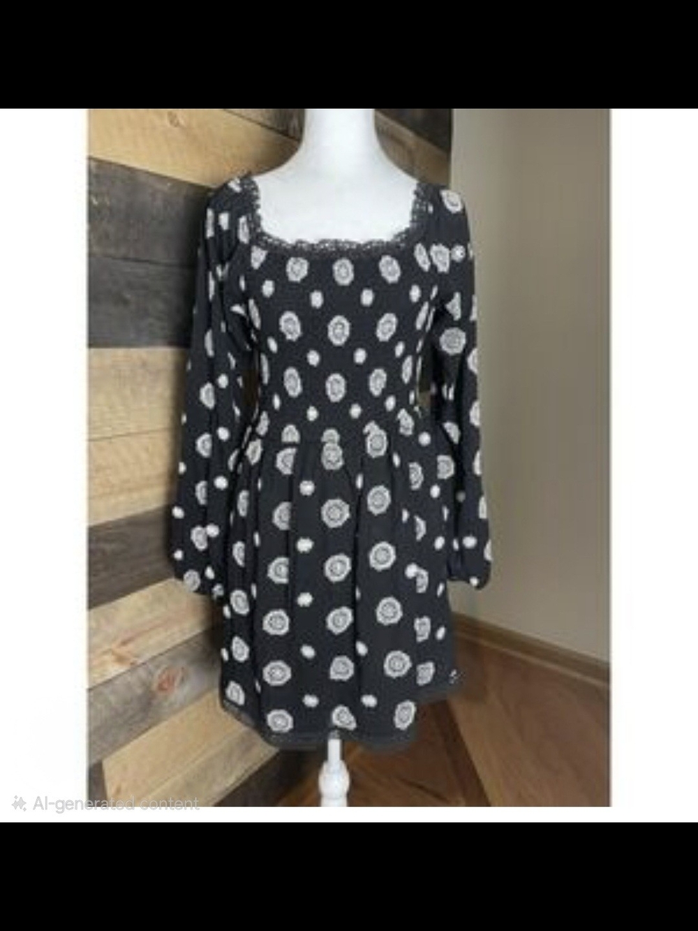 Wild Moss Black Floral Long-Sleeve Square-Neck Dress